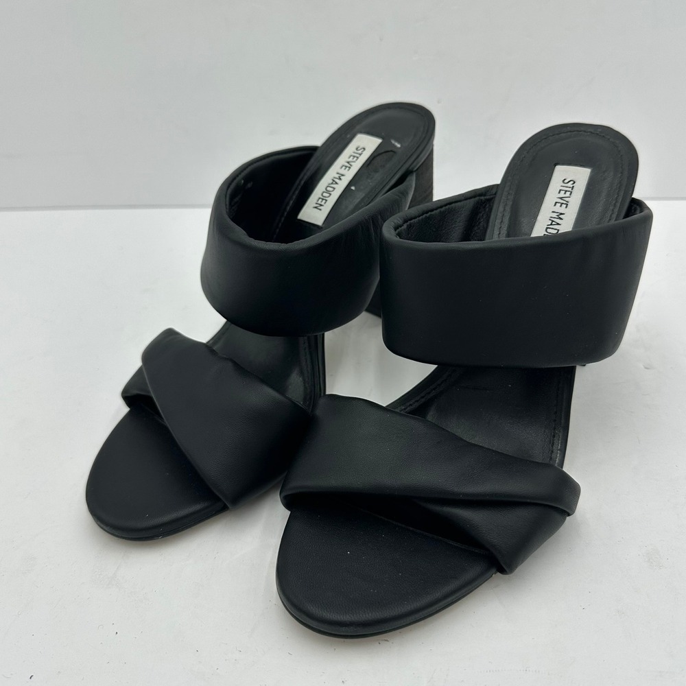 Steve Madden Teriann Black Leather Block Heel Mules Sandals Size 10M Minimalist
